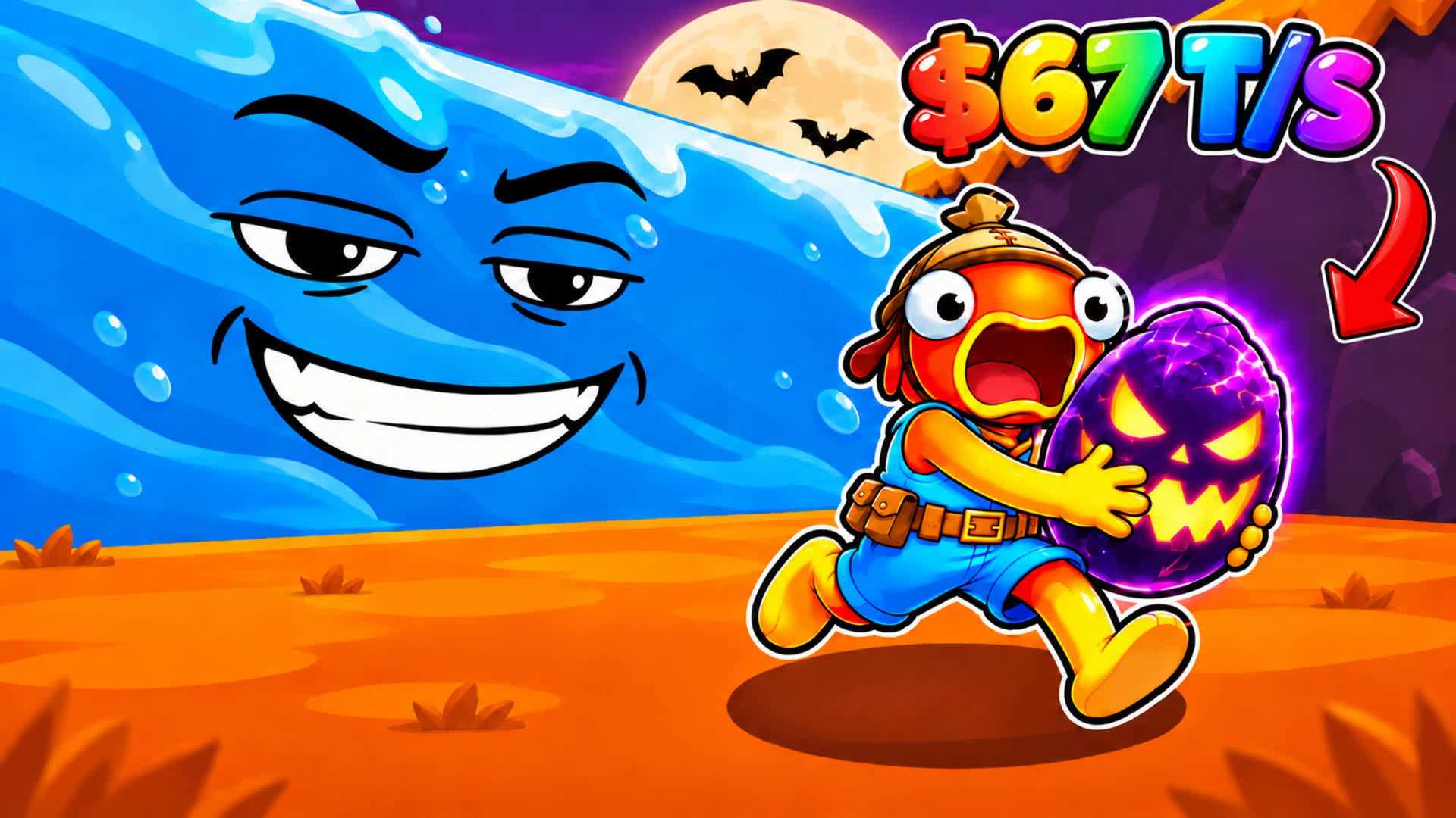 A Fortnite fish character runs from a giant blue wave in Escape Tsunami for Eggs